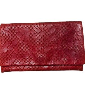 ABRO Genuine Leather Red Floral Envelope Clutch Bag